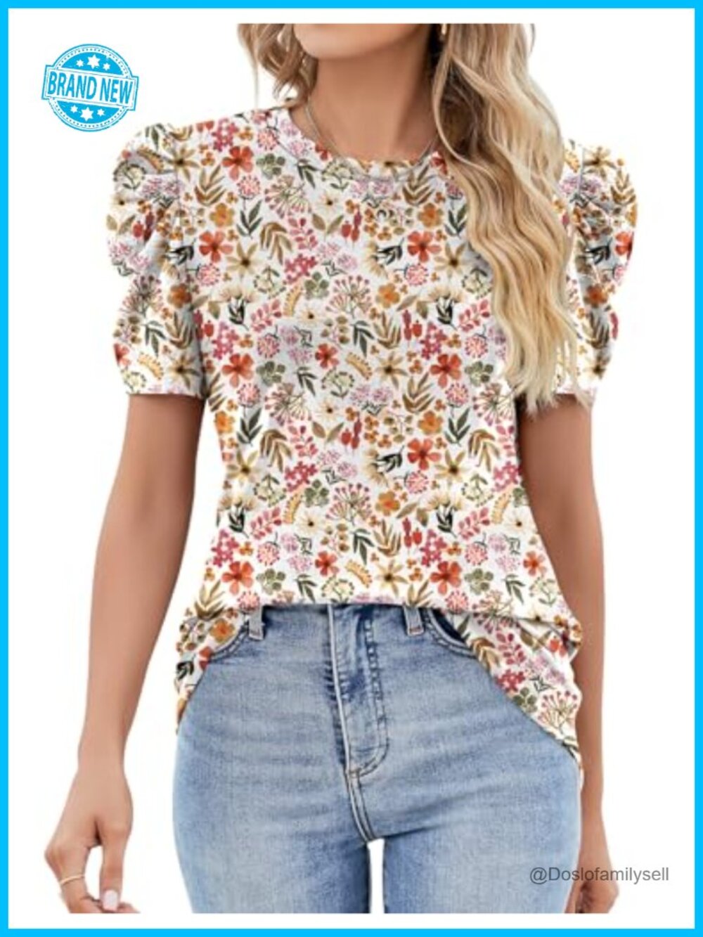 Puff Short Sleeve Eyelet Blouse Crewneck Loose Fit Summer Top